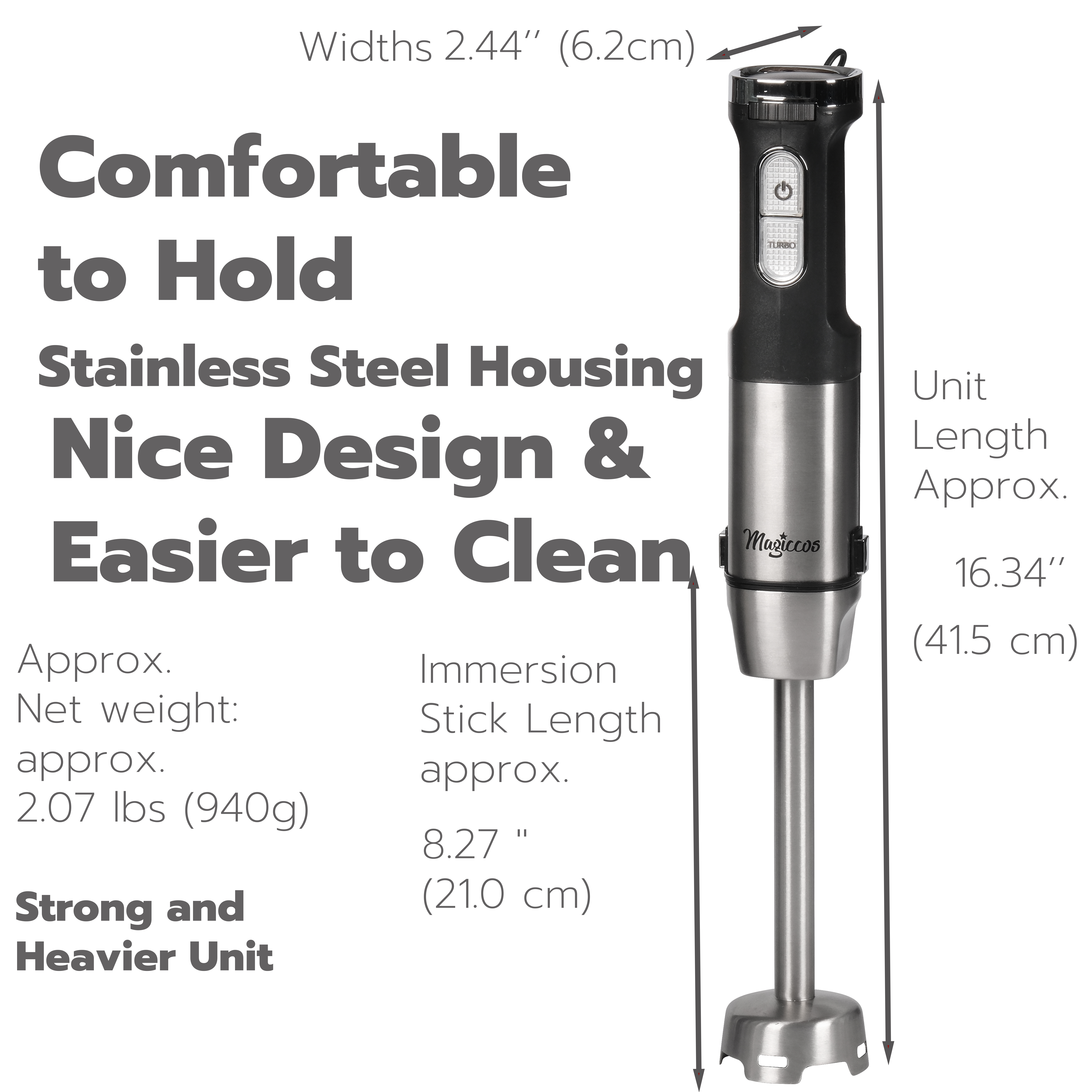 Magiccos Immersion Stick Hand Blender - Variable Speeds & Turbo Function, 800W Powerful Motor, For Shakes & Smoo